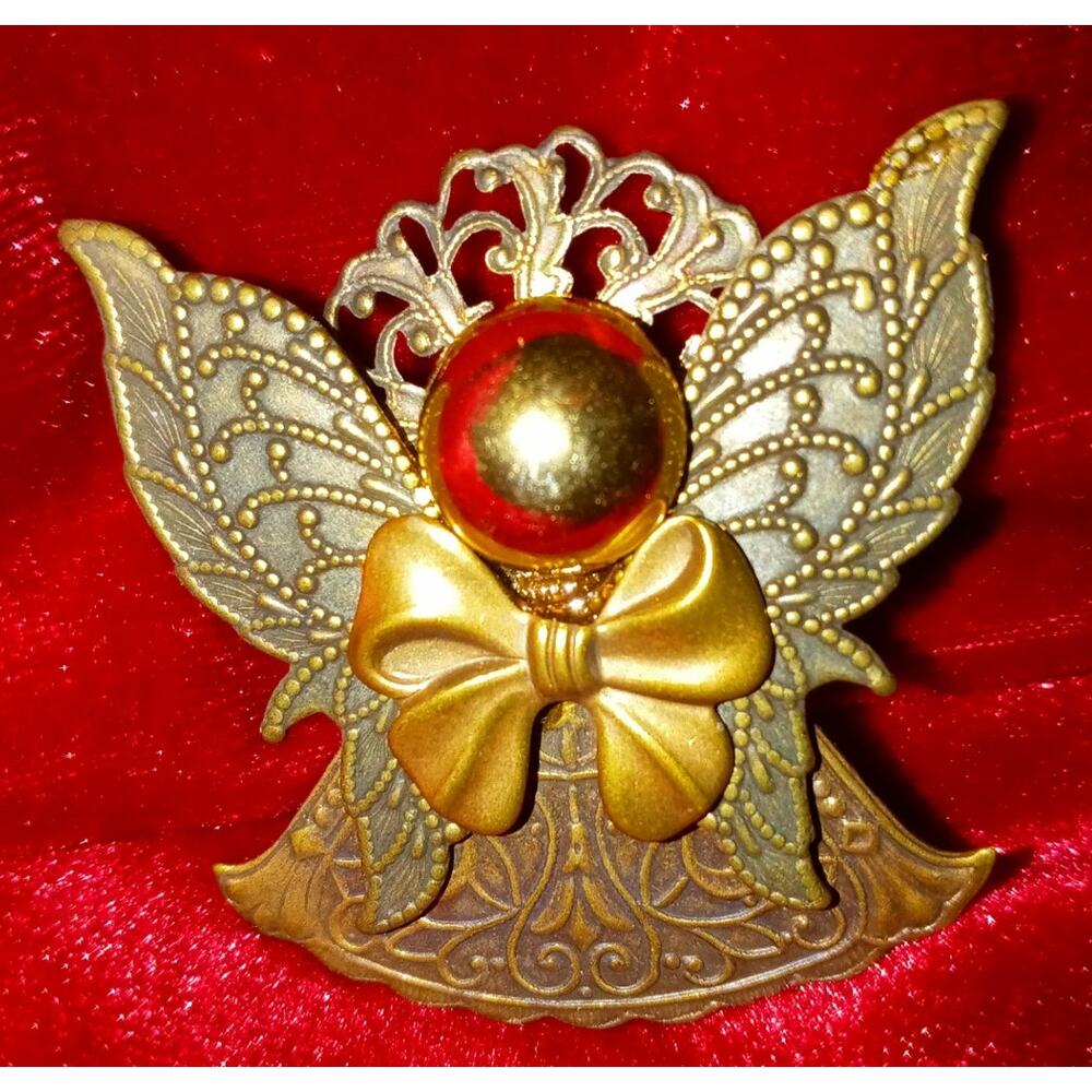 Angel Brass Tone Texture Layered Metal GUARDIAN ANGEL Brooch Pin 1 1/2"
